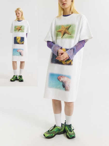 23SS アクアリウムロングTシャツ アクアリウムスカート半袖Tシャツワンピース