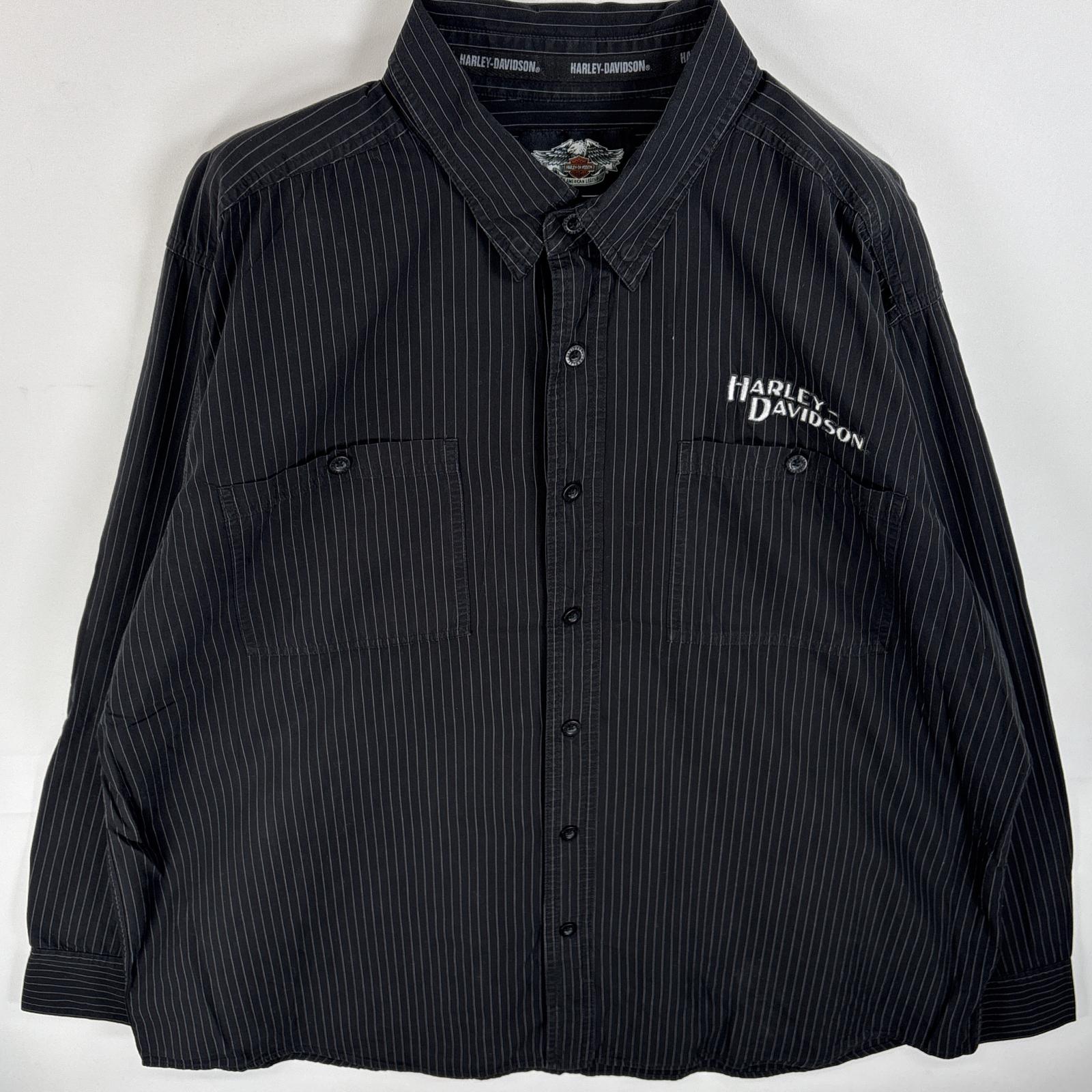 古着 長袖シャツ ボタンダウンシャツタイプ 胸ポケ ブランド ロゴ 2XL ブラック系 ストライプ メンズ