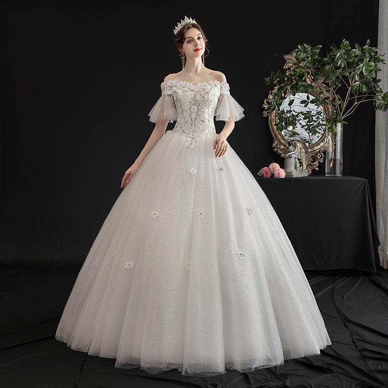 ウェディングドレス 二次会 結婚式 披露宴 ブライダル ロングドレス オフショルダー 花嫁 ウエディングドレス プリンセスライン オフホワイト 編み上げ 袖付き