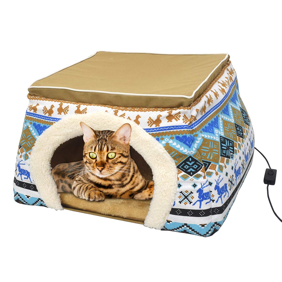 プラタ ペット用品 ペット ペットベッド こたつ ベッド ハウス ヒーター 付き 犬 猫 キャットハウス クッション 防寒対策 暖かい 【 ブルー 】