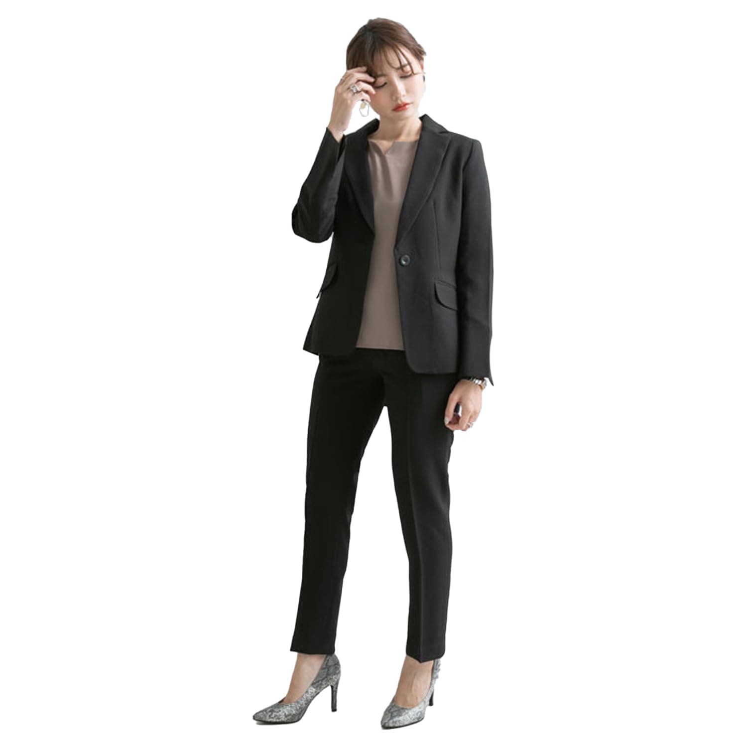 [ニューリーミー] スーツパンツセット スーツ レディース セットアップ 洗える ストレッチアンクル丈パンツスーツ ブラック