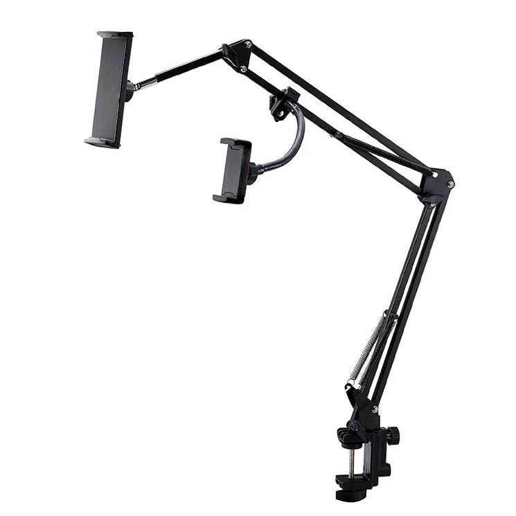 タブレット スマホスタンド ホルダー 2台設置可 フレキシブルアーム 角度高さ調整可 【 4.612.9インチ iPhone iPad Galaxy Android 各種対応 】 ブラック