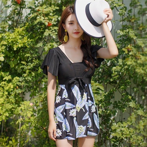 水着レディース 体型カバー 水着 ワンピース型 ショートパンツサロペット水着 花柄 フレア 韓国風 40代 大きいサイズ 可愛い スイムウェア ママ水着