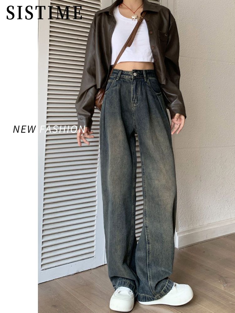 秋冬の女性用レトロワイドレッグジーンズベルベットハイウエストゆったりスリムで多用途サイズとサイズのストレートフロアモップパンツ30%制限