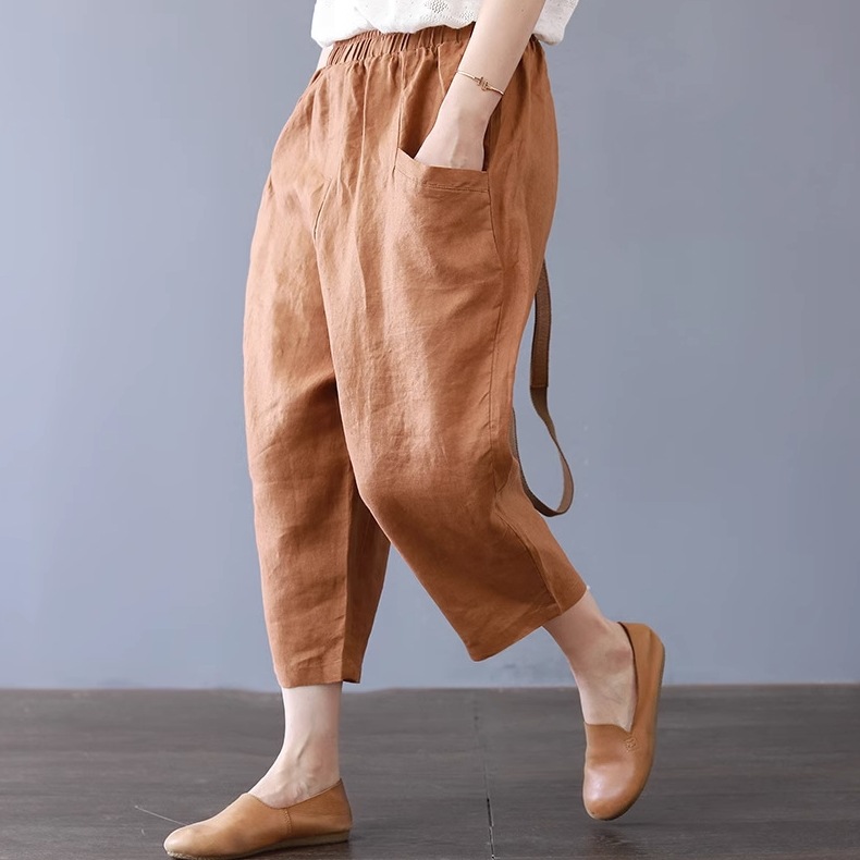 リネンパンツ パンツ ズボン 膝下 ミモレ ミモレ丈 ワイド ポケット ウエストゴム リネン シンプル カジュアル おしゃれ お洒落 かっこいい レトロ ラフ ボーイッシュ さらさら 着ごこち 無地