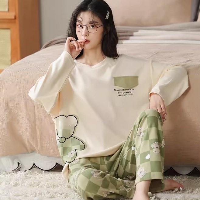ルームウェア パジャマ 部屋着 セットアップ ストレートパンツ フルレングス 長袖 ラウンドネック 襟なし ストレート Iライン ウエストゴム 綿 かわいい カジュアル おしゃれ こなれ感 ラフ