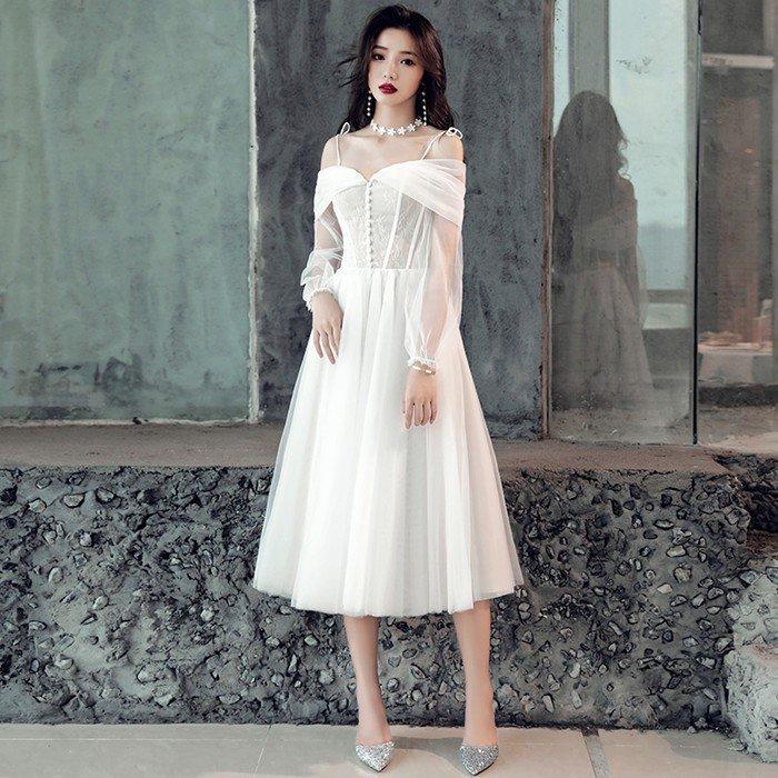韓国ファッションワンピース 白 パーティドレス 演奏会 発表会 ミモレ丈ドレス ミニドレス おしゃれ 前撮り ウェディグドレス 結婚式 花嫁 大きいサイズ 袖あり 二次会 ドレス