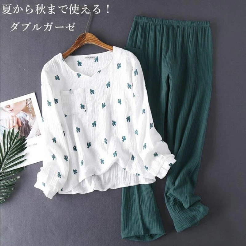 【即納】二重ガーゼ ルームウェア レディース パジャマ 綿100% 襟なし半袖 長袖 長ズボン 春夏秋冬 ダブルガーゼ 哺乳 敏感肌 高齢者 ふんわり 柔らかい ナイトウェア 前開き 上下セット 部屋