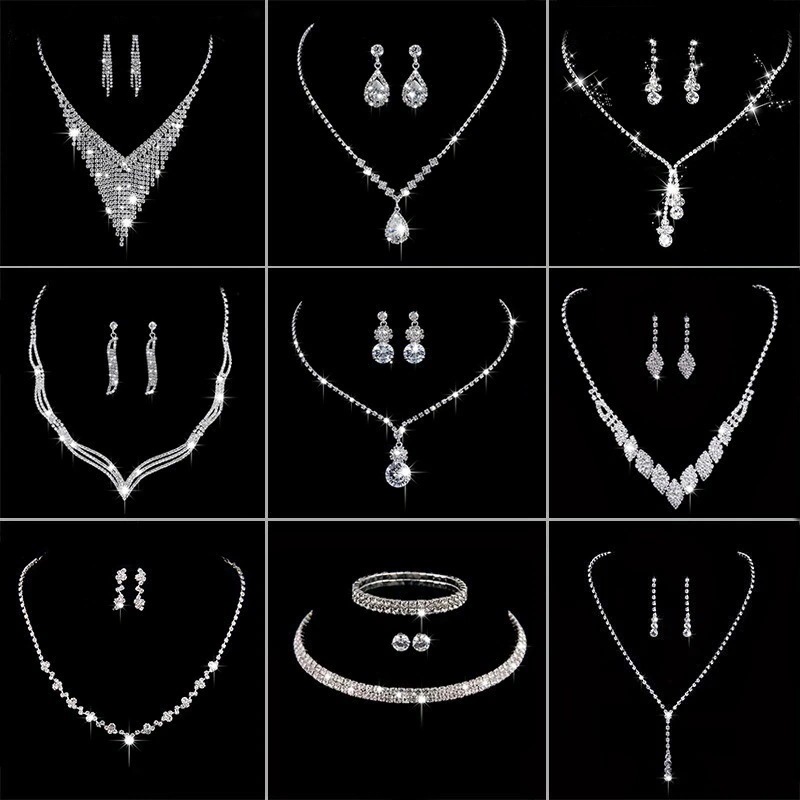 韓国金属爪チェーン水ドリル結婚式ネックレス花嫁ネックレスイヤリングアクセサリー宴会ネックレスジュエリーセット