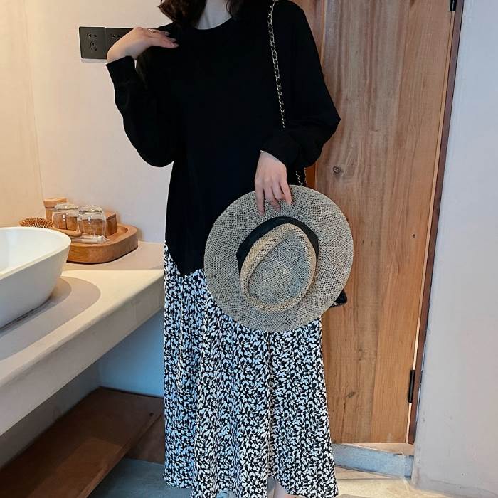 ワンピース レディース ロング丈 花柄 ドッキング 切り替え 個性的 大人カジュアル プルオーバー ツーピース風 重ね着風 フェイク ワンピ ドレス 長袖 襟なし フレアスカート ラウンドネック 切替