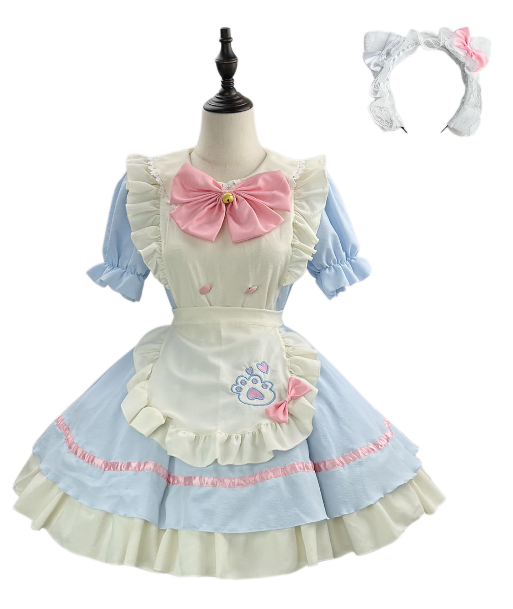 メイド服 メイド コスプレ 半袖 フリル エプロン 変装 制服 萌え コスプレ 衣装 ロリータ 制服 可愛い メイド服 セット ブルー XL 93834