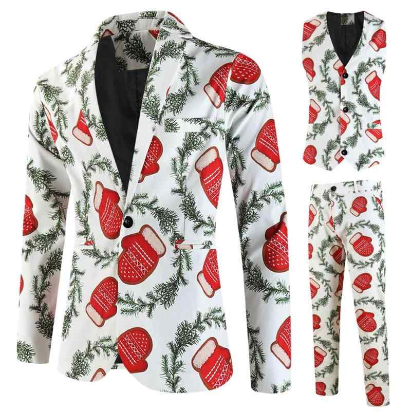 メンズ スーツ 3点 セット 総柄 クリスマス サンタクロース 冬 スリム ベスト パンツ ジャケット 派手 ポップ