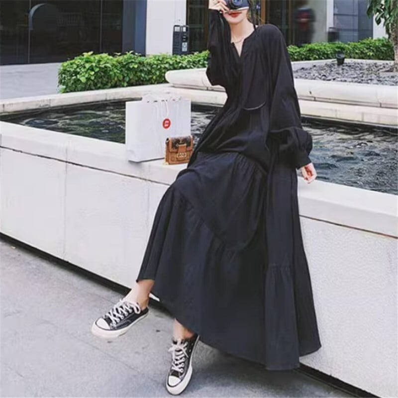 ワンピース ロングスカート ロング ロング丈 ロングワンピース 黒ワンピース 袖あり 長袖 Vネック Aライン かわいい 大人可愛い きれいめ シンプル カジュアル 大人 上品 おしゃれ お洒落