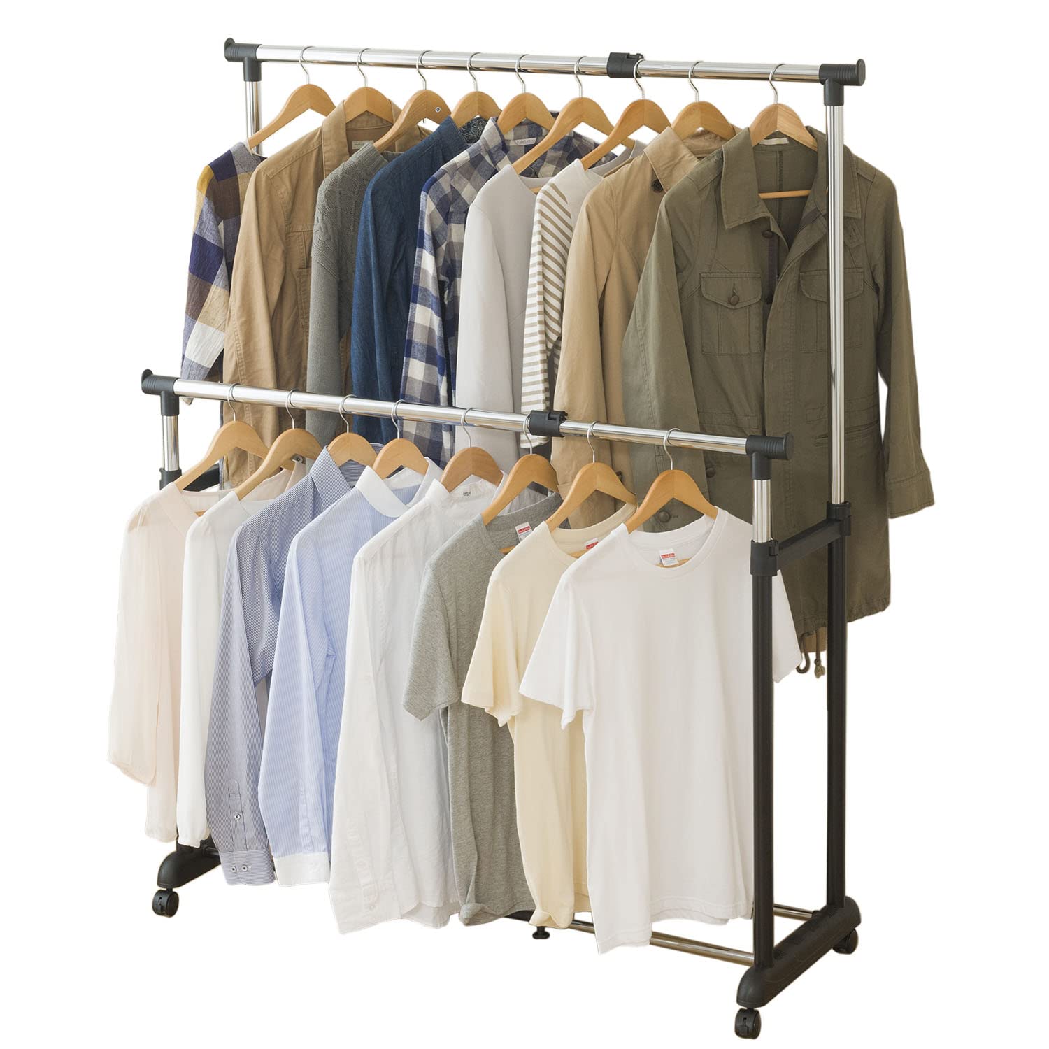 ドウシシャ ハンガーラック 縦横伸縮 ハンガーダブル タテにもヨコにも伸びて広がる 頑丈 全体耐荷重20kg 幅91~124×奥行44.5×高さ90~156cm キャスター付き 大容量 黒 室内干し