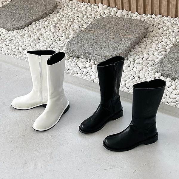 ロングブーツ サイドジップ フラット レディース ローヒール 黒 白 ブラック ホワイト