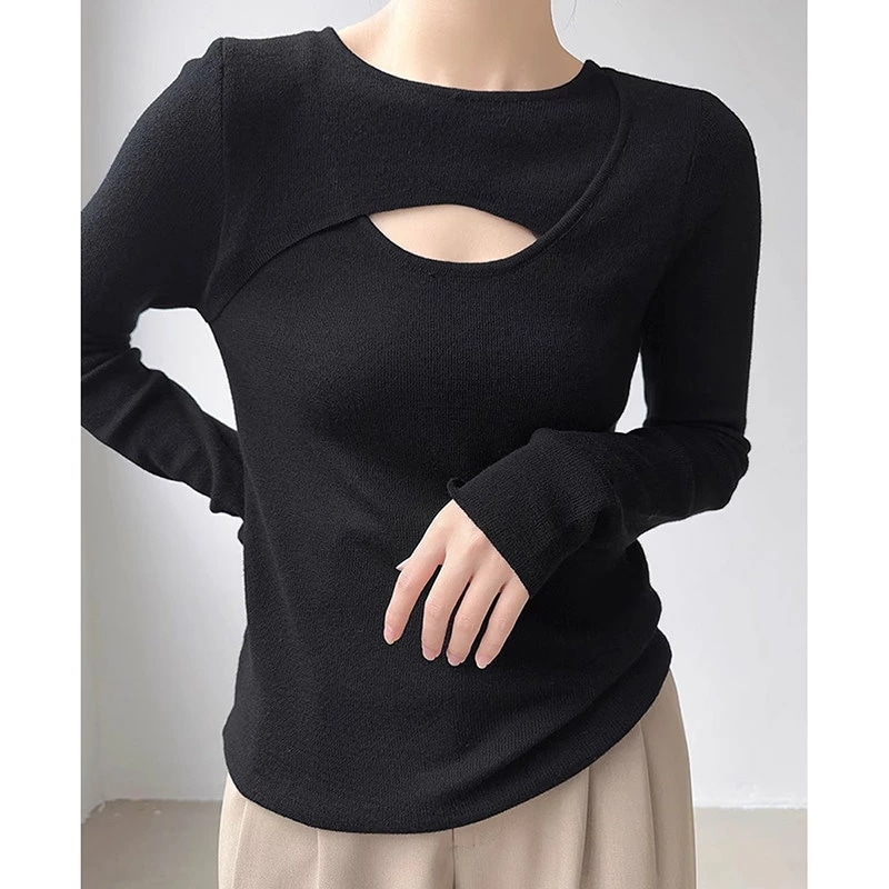 セーター ニット レディース リブ ニット トップス クルーネック タイト シルエット ストレッチ カットソー シンプル 長袖 無地 暖かい 伸縮性 大人可愛い シンプル リブ編み 重ね着 胸開き 個