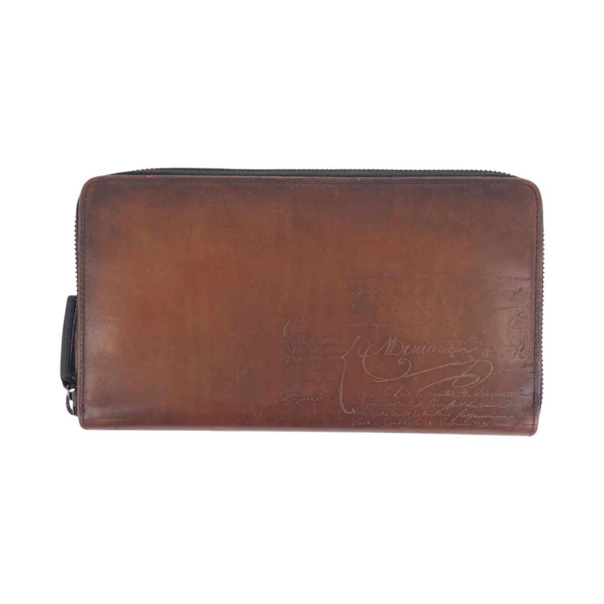 美品 カリグラフィ スクリット ブラウン シルバー金具 レザー E0148 長財布 ラウンドファスナー メンズ 504473