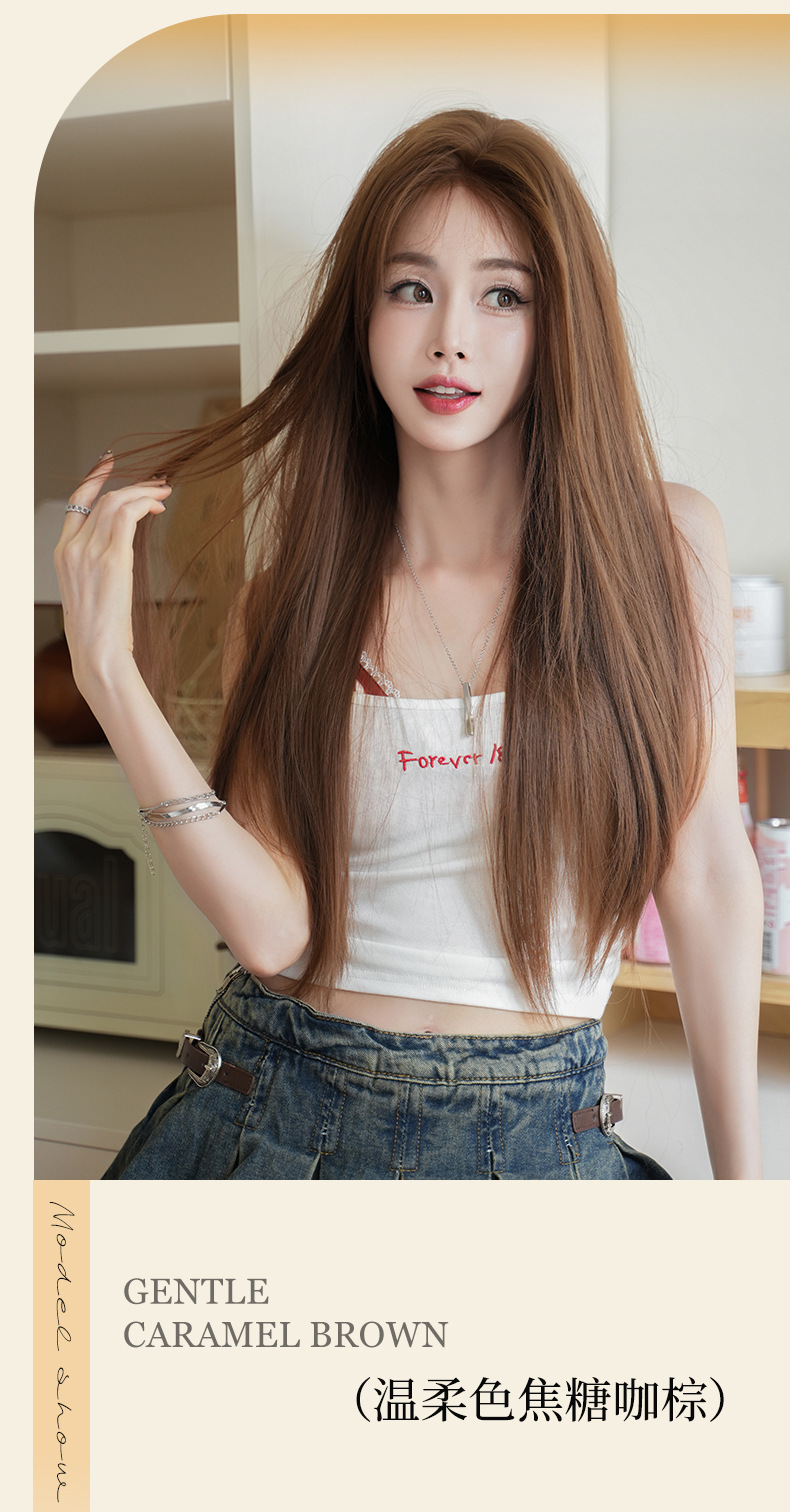 新作ウィッグ女性用ロングストレートヘアセンターパート手編みレースキャップキャラメルブラウン化繊フルキャップ自然で通気性軽量耐熱ファッションエレガント75CMあらゆる顔型に適応気品アップ多用途着用必須ア
