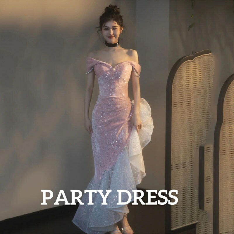 ウェディングドレス パーティー 宴会 2色 レディースドレス きれいめ ロングドレス 礼服 結婚式 司会 成人式 舞台演出 音楽会 着痩せ オフショルダー フィッシュテール ファスナー 20代30