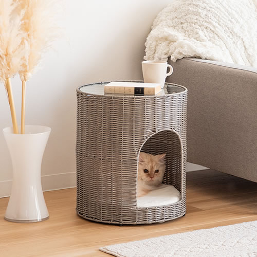 宮武製作所【ペット用品】猫ちぐら Pienet（ピエネ） グレージュ 完成品（ガラス天板のみ取り付け） CGR-400-GJ【クッション付き】サイドテーブルとしても