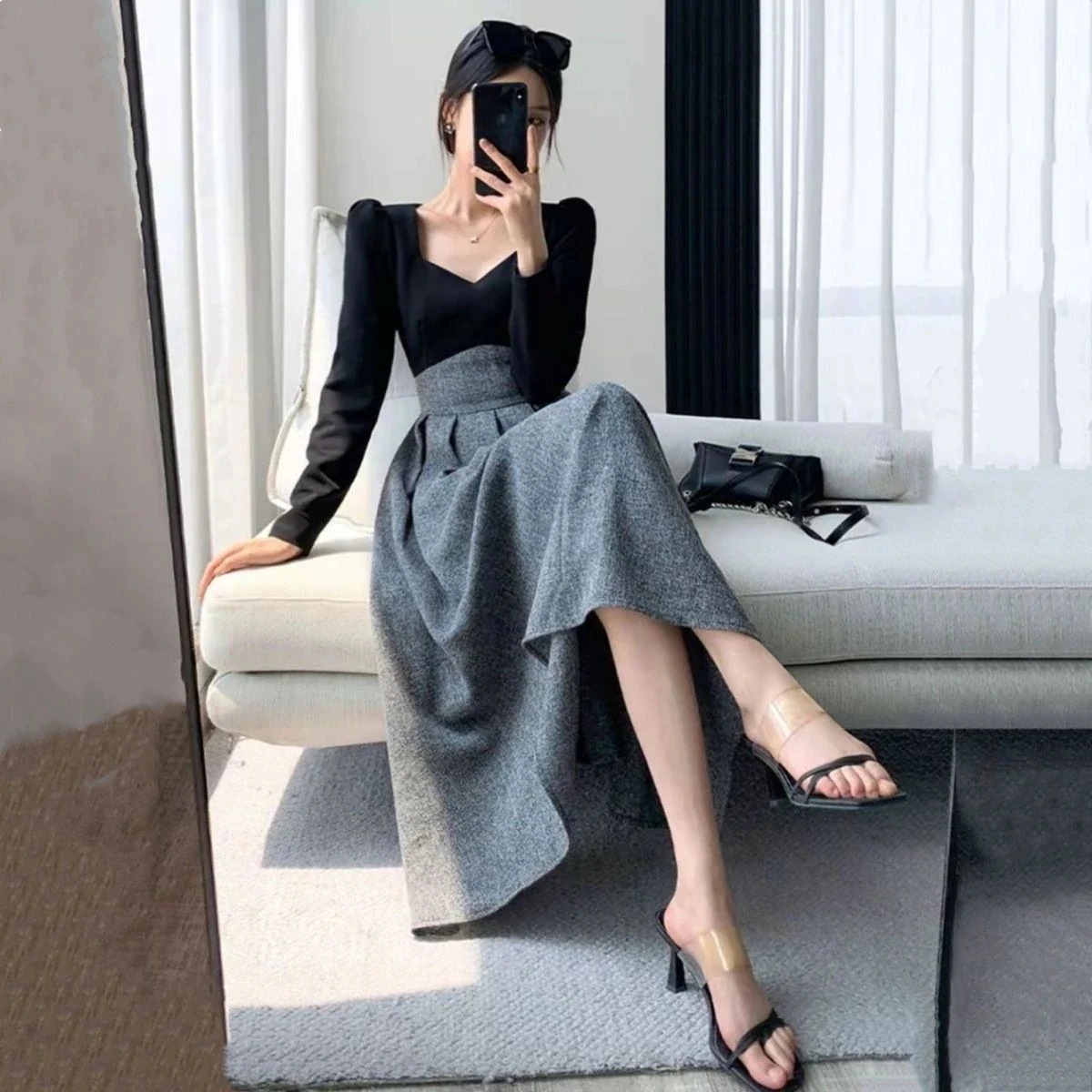 韓国ファッション 秋服 小香風 フェイクレイヤード 高級感 大きいサイズ ワンピース スクエアネック コントラストカラー ワンピース 長袖 気質 ロング ワンピース