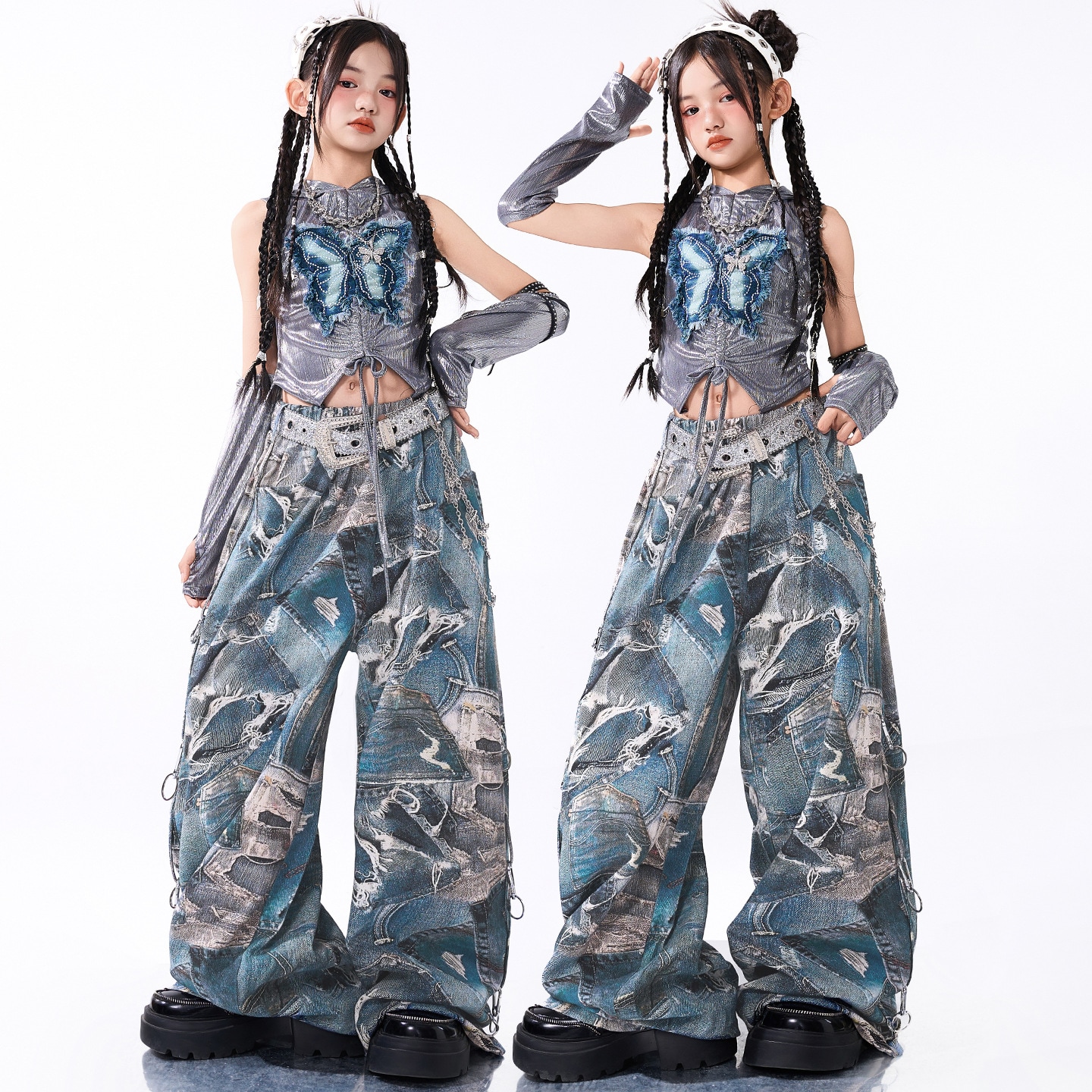 クールガール クロップトップス ジャズダンス女児衣装子供用ジャズパフォーマンス衣装ファッショナブルでクールなパフォーマンスショーケース女子グループの甘辛スタイルストリートダンス衣装