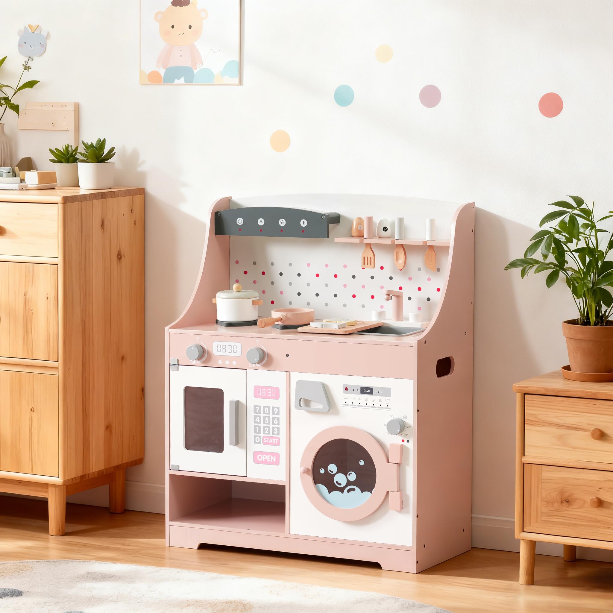 [食品衛生法適合検査済] OSJおままごとキッチン セット 洗濯機 ままごとセット 木製 キッチン 組立式 コンロミニキッチン 調理器具付き 付属品付き まねっこ 台所 知育玩具 子供用 子供 収納