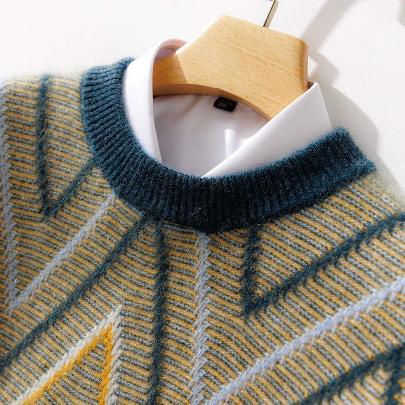 秋冬メンズビッグサイズ純ウールゆったり厚手丸首セーターぶつけ色カジュアルニット下地カシミヤセーター