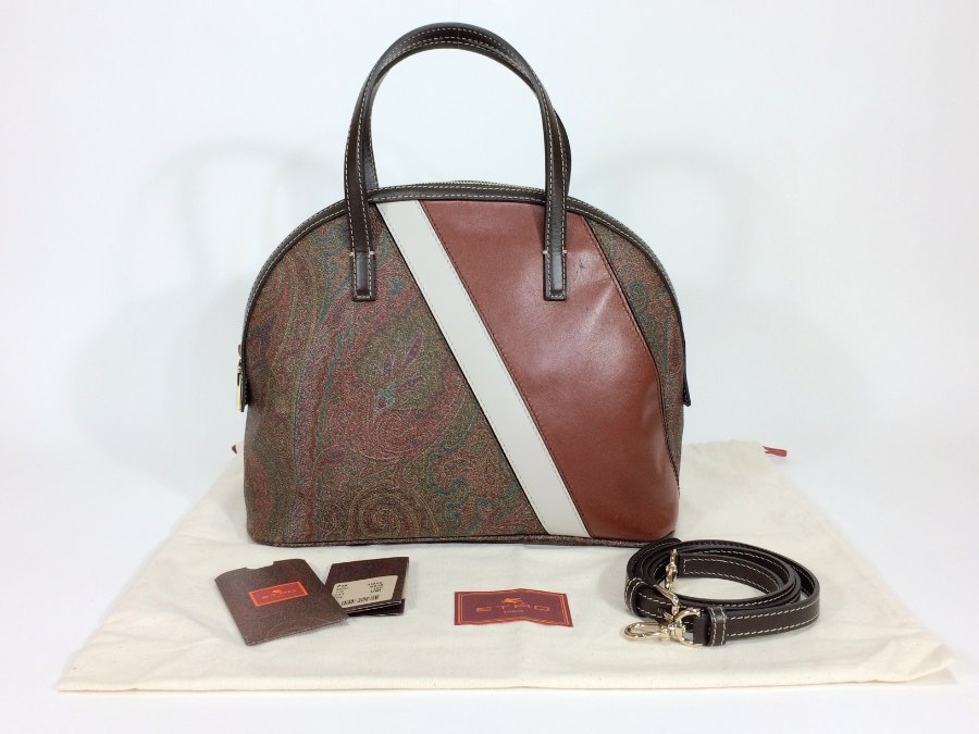 ハンドバッグ 2way ショルダーバッグ ペイズリー PVCレザー ブラウン 【中古品】