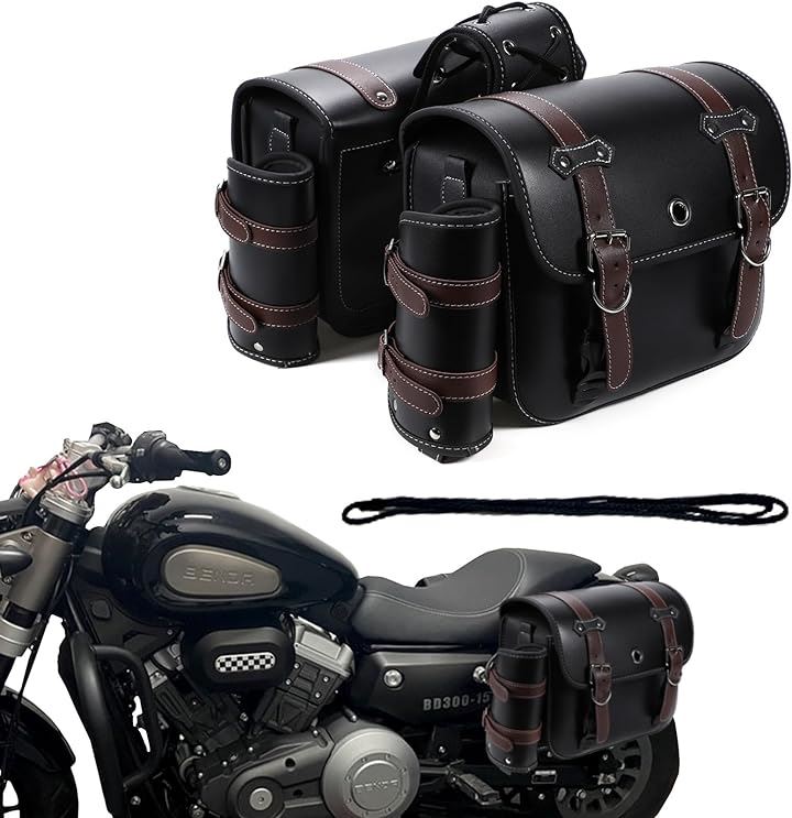 バイク用 サイドバッグ 左右セット ドリンクホルダー 鍵付き ツーリング 小物入れ( ブラウン/左右セット, L)