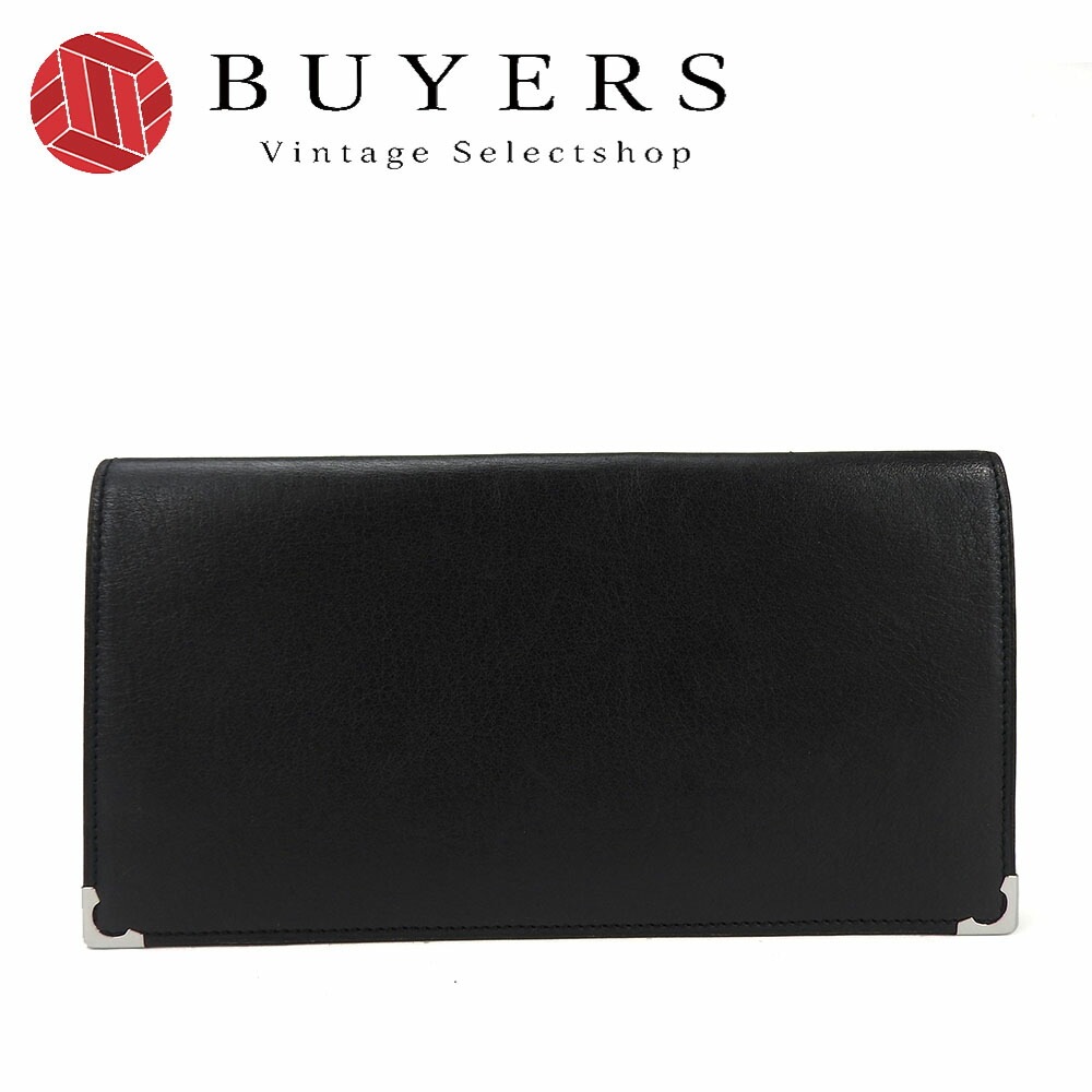 中古 カルティエ 二つ折り長財布 カボションライン レザー 革 ブラック 黒 シルバー金具 普段使い 小物 メンズ レディース 男性 女性 Cartier wallet leather black