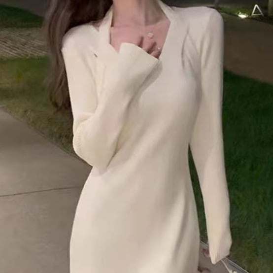 【1つ買うと10つ無料】ニットドレス2025秋と冬の感覚スリミングスリミングロングスカートの首輪気質ボトムスカート