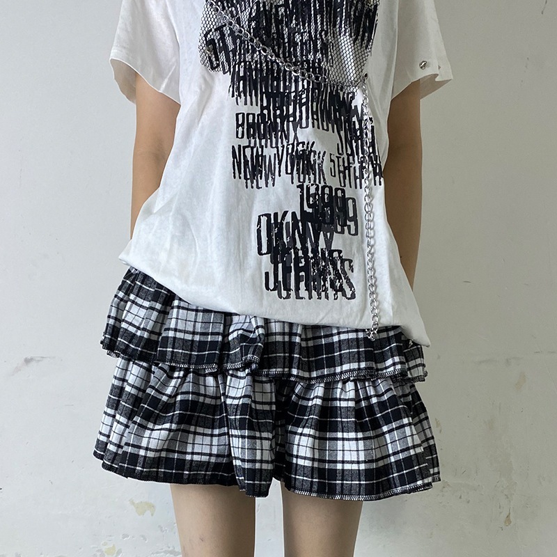 【1つ買うと10つ無料】ゴスパンクスタイルのレイヤー -グループ接続黒と白のハイウエストケーキスカートプリーツスカートレッグセット