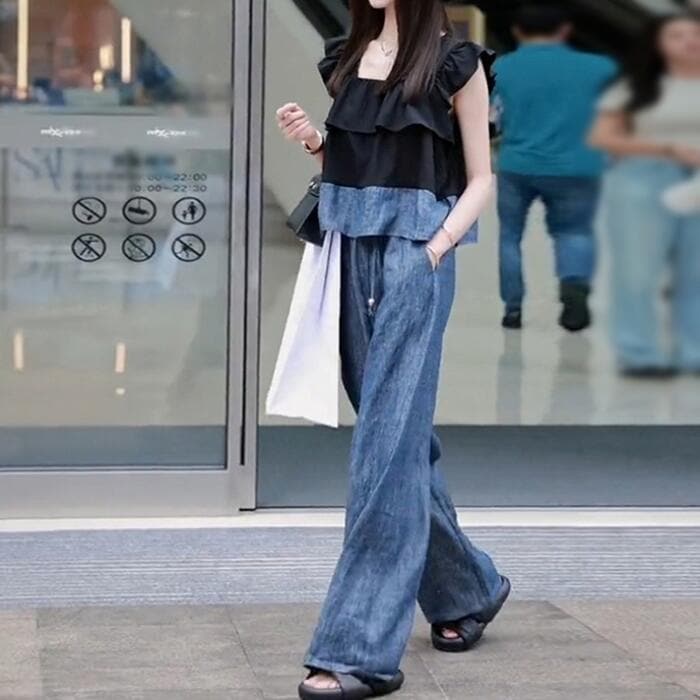 セットアップ 2点セット トップス パンツ スーツ フリル 配色 バイカラー ロングパンツ ワイドパンツ レディース エレガント きれいめ カジュアル 大人 可愛い ノースリーブ スクエアネック ブラ