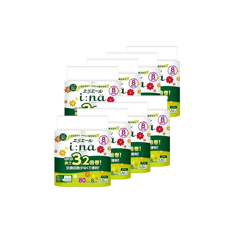 即納エリエール トイレットペーパー i:na(イーナ) 3.2倍巻き 80m64ロール(8ロール8パック) ダブル パルプ100% 華やかなフローラルの香りケース販売