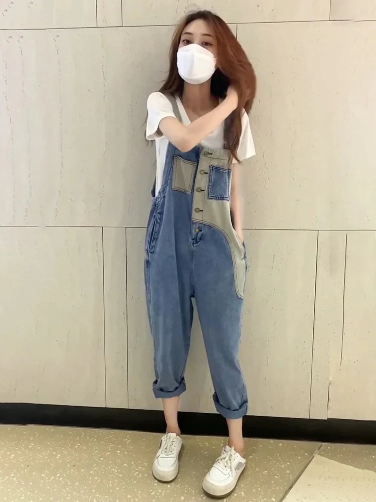 百掛け 新作 着痩せ サロペット ジョイントデニムサロペットゆったり工装タイツ