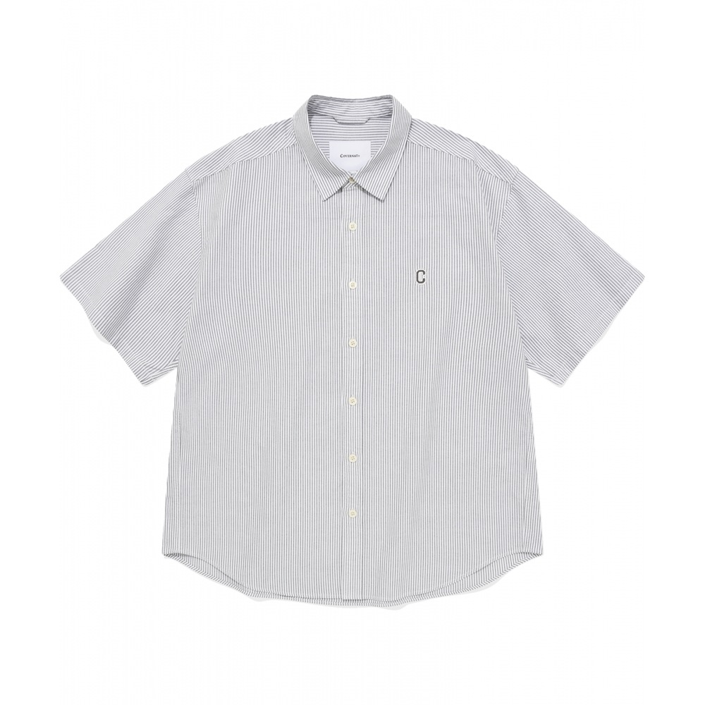 COVERNAT C ロゴオックスフォードストライプハーフシャツグレー