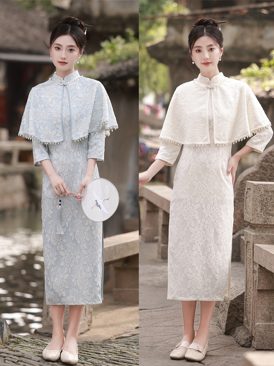 2024新入荷 チャイナドレス ドレス 2つのセット 春と秋のレースストール気品 ワンピース レディース 韓国ファッション パーティードレス