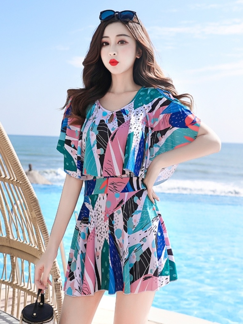 水着 ワンピース水着 体系カバー水着 ワンピース セパレート 体系カバー 半袖 フリル 2点セット 大人可愛い カジュアル 大人っぽい 柄 レディース 脚長 送料無料 M L XL