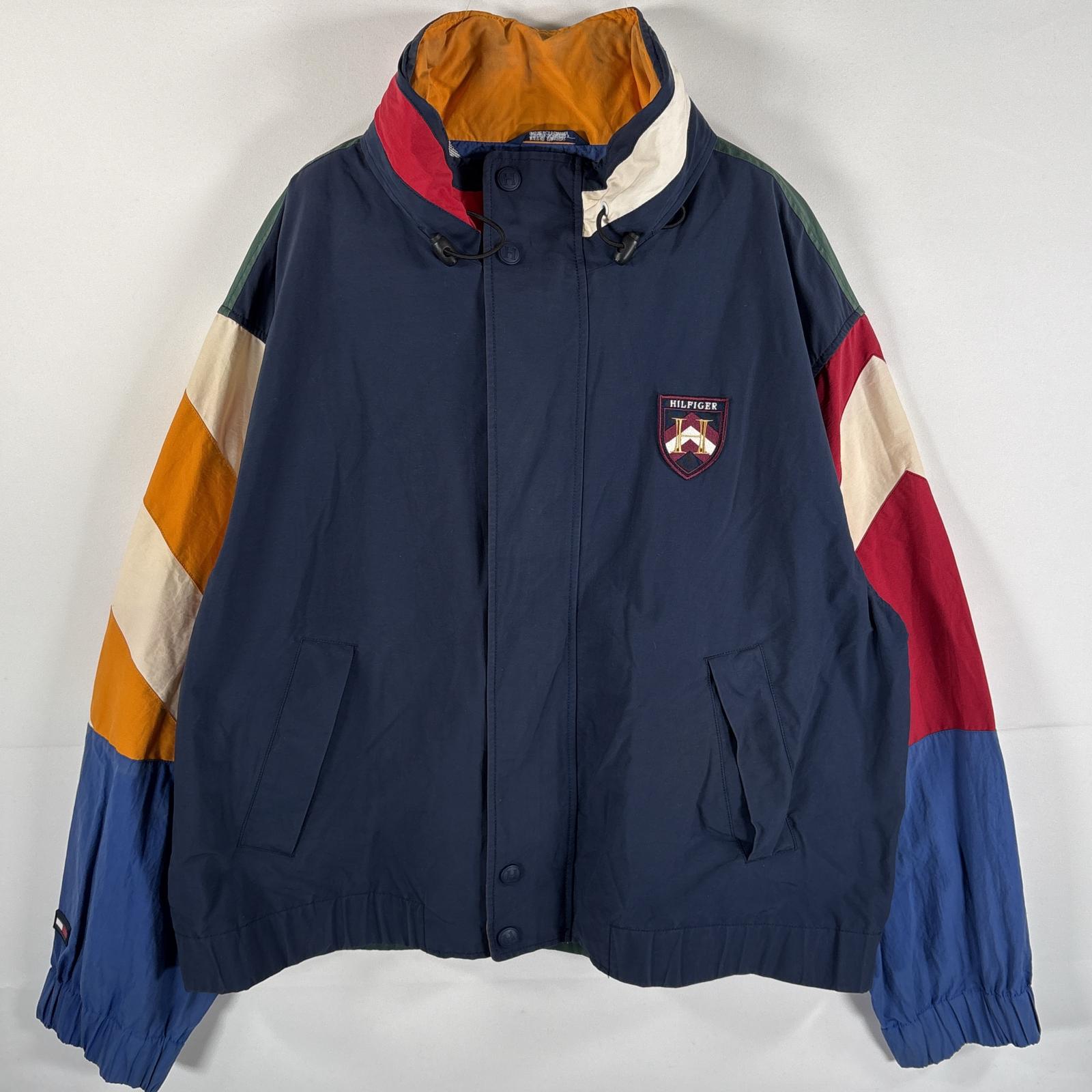 古着 90s/90年代 ナイロンジャケット 大きいサイズ ロゴワッペン XL ネイビー マルチカラー メンズ