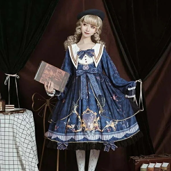 ロリータ ワンピース Aライン 宮廷ドレス リボン Lolita レディース コスチューム 衣装 ゴスロリ かわいい フリル 仮装 パーティ イベント ファッション ネイビー ホワイト ブラック