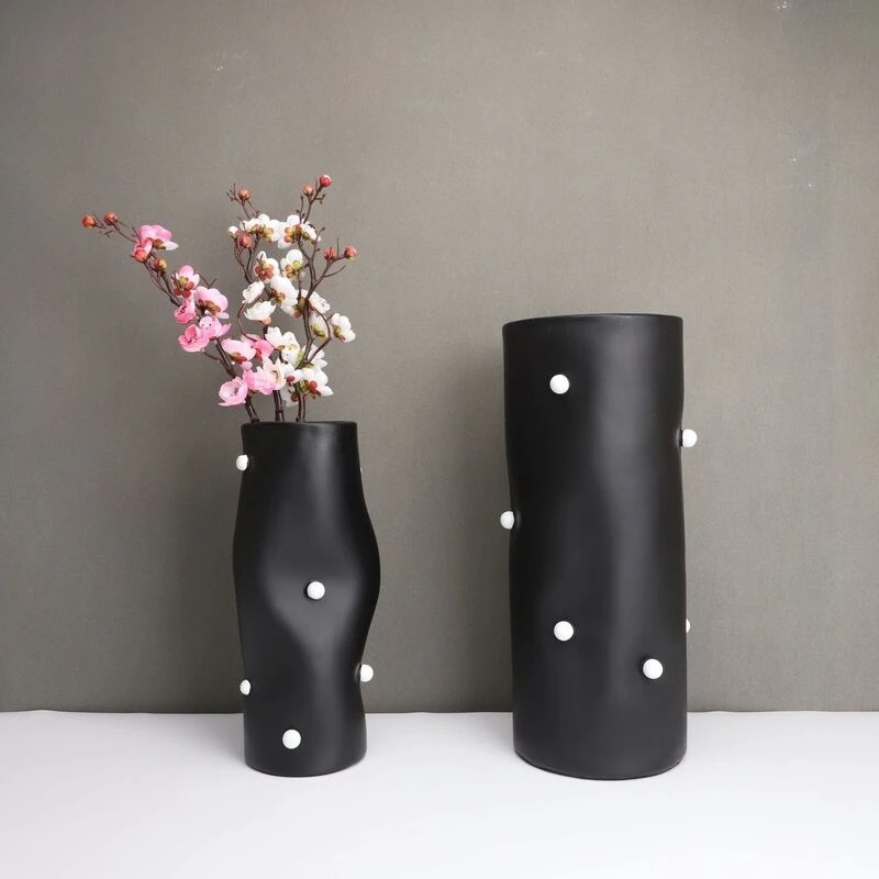 花瓶 ビーズ装飾 円柱 フラワーベース 花器 装飾 シンプル 生け花 造花 おしゃれ インテリア フラワースタンド 雑貨 ホワイト ブラック