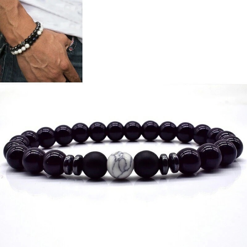 8mm 天然石風 ブラックアゲートヘマタイトビーズストーンブレスレット（ホワイトターコイズ）1個 アクセサリー 黒色 数珠 手首 フリーサイズ 伸縮 プレゼント 男性 女性 stb00-00-0216