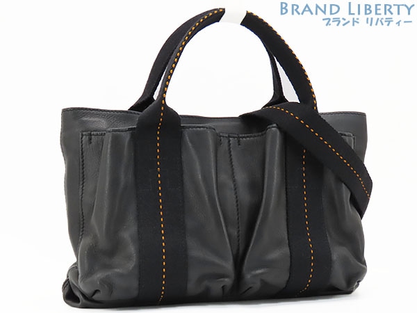 美品エルメスキャラバンホリゾンタルPM2WAYハンドバッグトートバッグショルダーバッグブラックオレンジヴォーデルマキャンバス