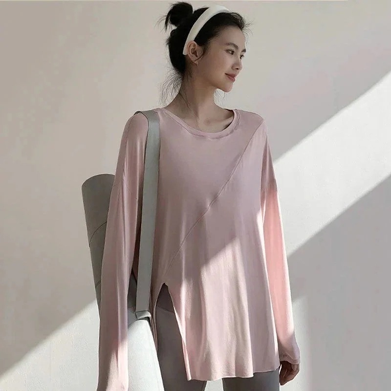 春のヨガウェア通気速乾フィットネス長袖Tシャツレディースジャージロング丈