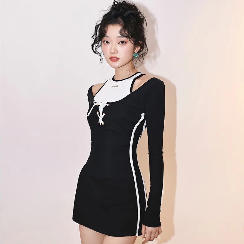 水着レディース連体長袖3点セット日焼け止め温泉入浴遮肉腹保守運動痩せ見え水泳ビーチアメリカン3点セット水着【白黒】40-60 kg