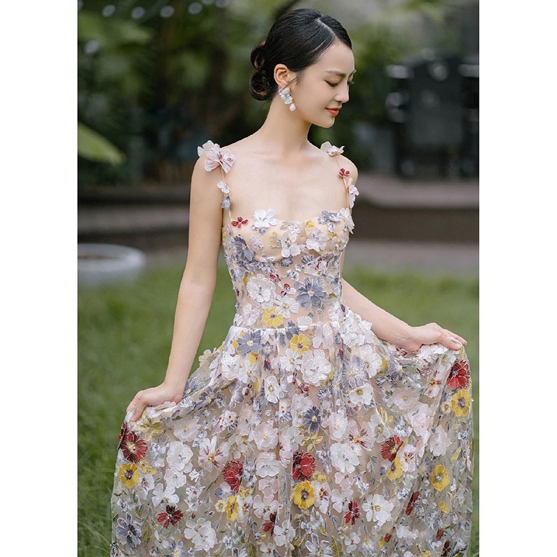 フラワーイブニングドレス2025気質ハイエンドスリングブライダル感謝宴会婚約ドレス夏ワンピースドレスその他 ワンピースドレス