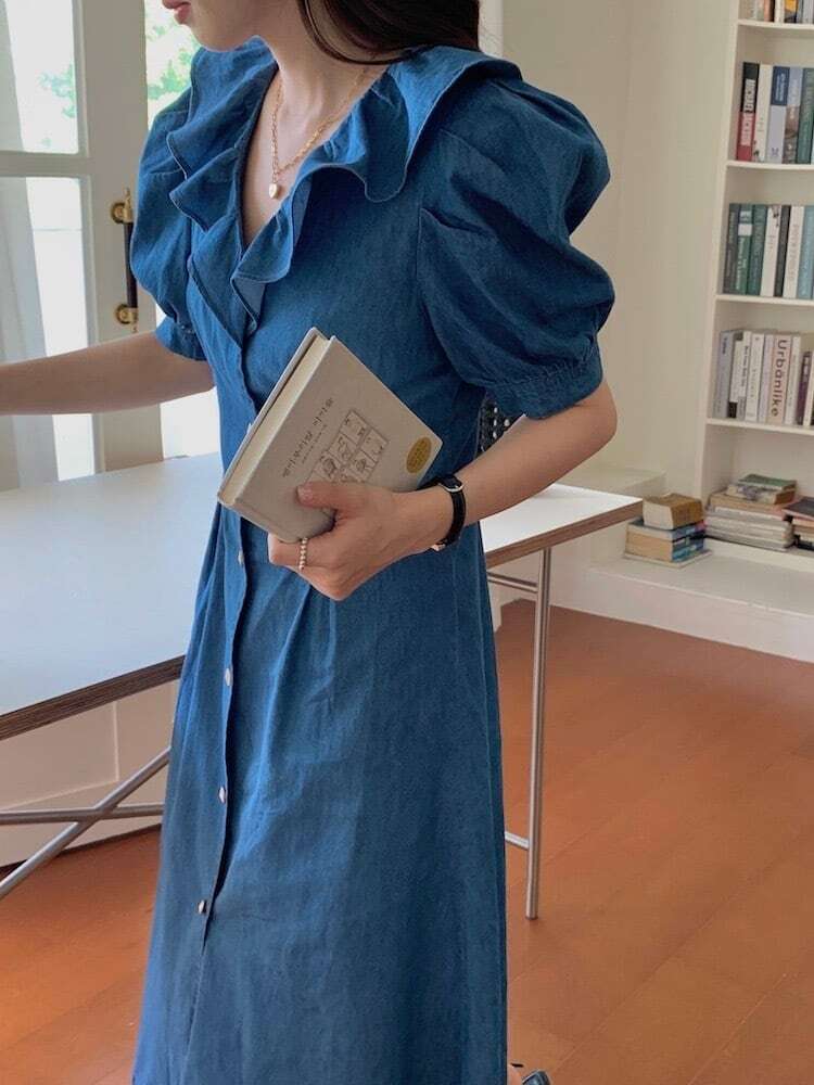 【送料無料】レディース デニム フリル ワンピース Vネック パフスリーブ ロング 大人可愛い