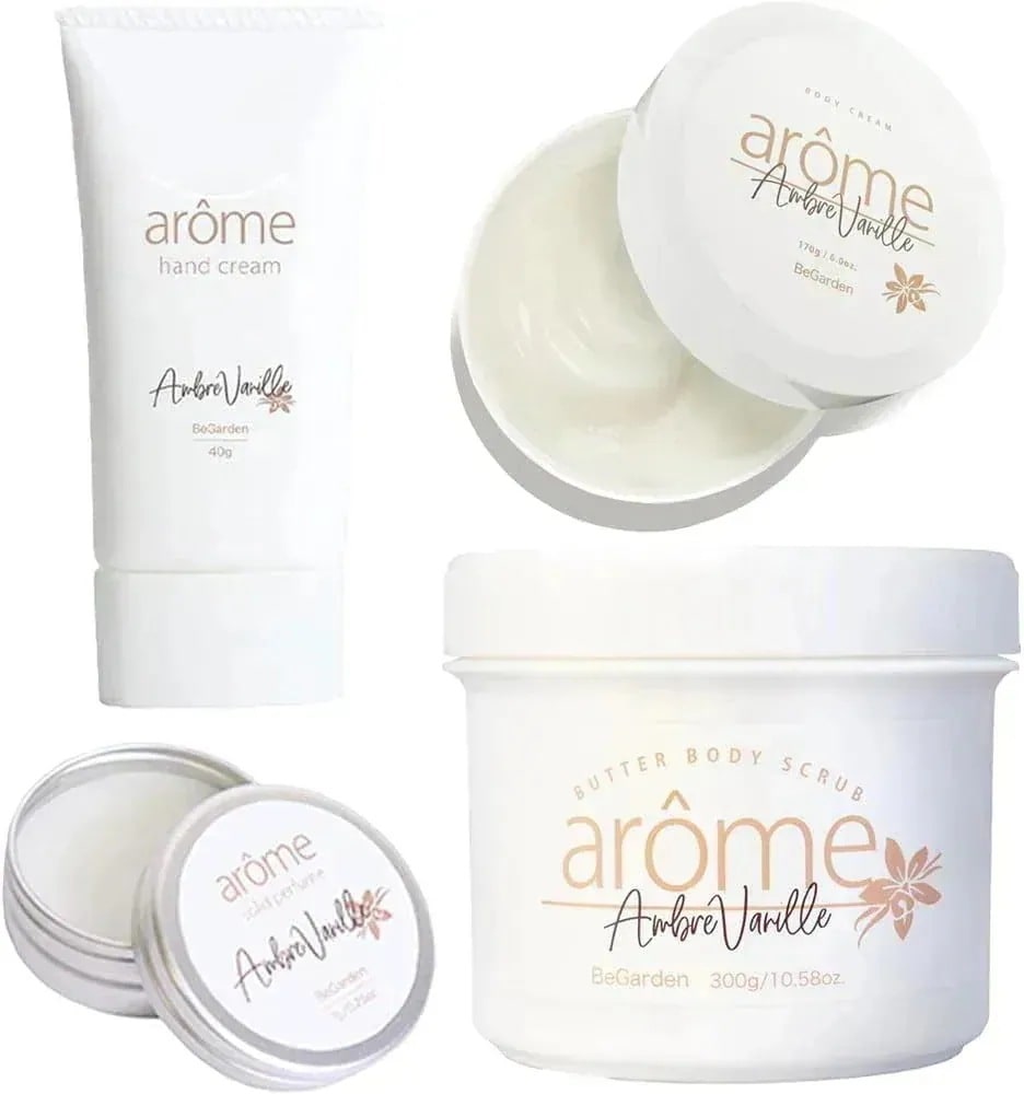 アンバーバニラの香り ４点セット【練り香水・ハンドクリーム・ボディクリーム・ボディスクラブ】