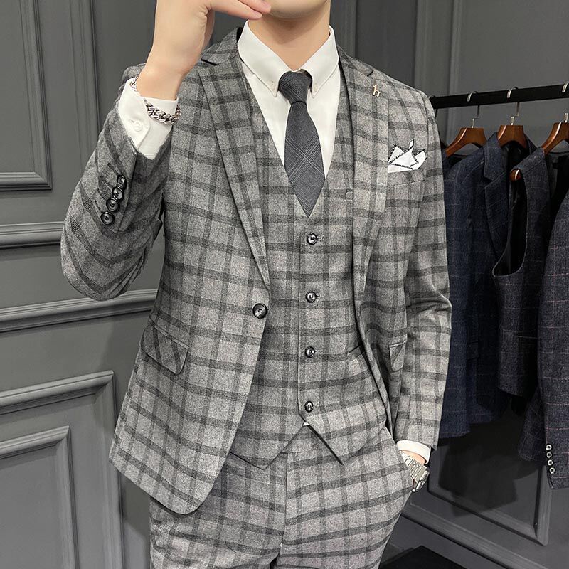 3ピーススーツ メンズ ビジネススーツ スーツ 1つボタン チェック柄 カジュアルスーツ セットアッ